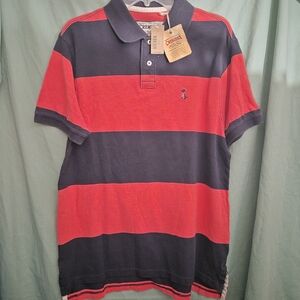 Cremieux Polo Shirt with Dark Salmon and Black Stripes Large
